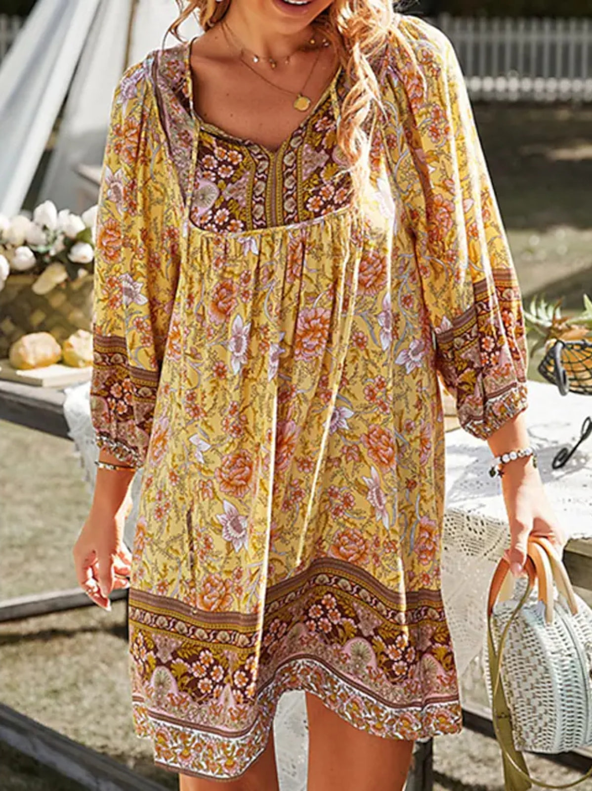 Women's V Neck Stylish Casual Boho Floral Print Shift Dress Sundress