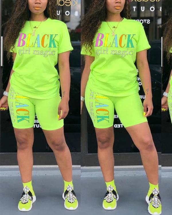 Casual Letter Print Sporty Top & Short Set
