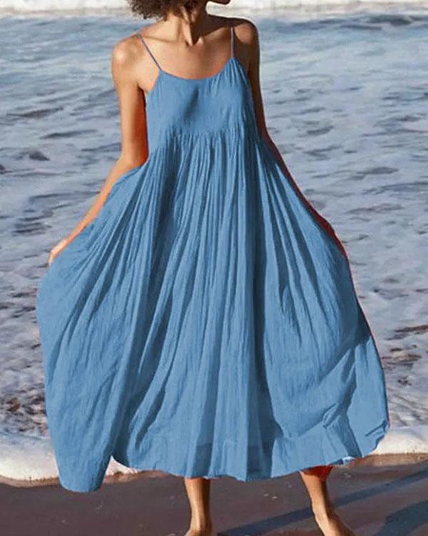 Women Summer Swing Spaghetti Cotton Holiday Boho Maxi Dresses