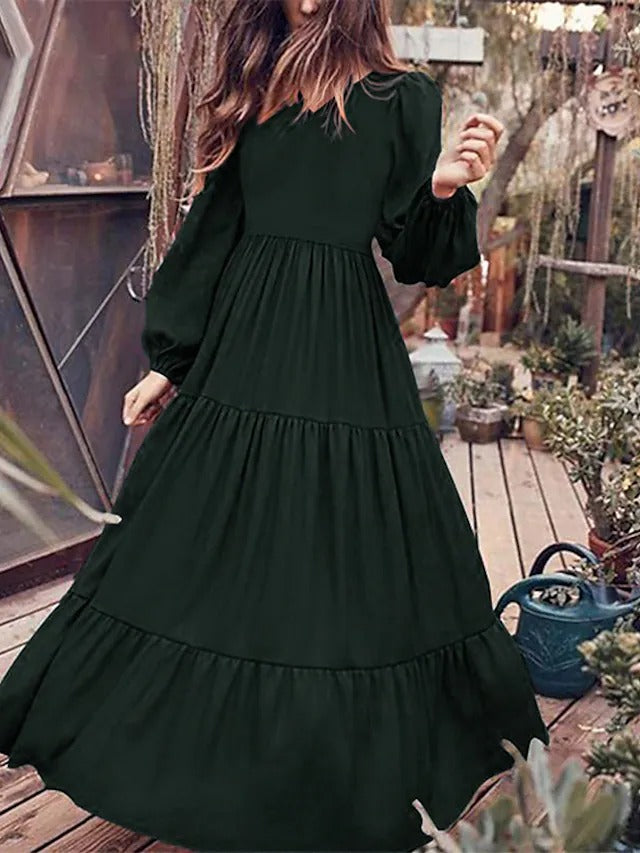 Women's Solid Ruched Pleated Patchwork V Neck Boho Lantern Sleeve Loose Swing Dress Maxi Dress
