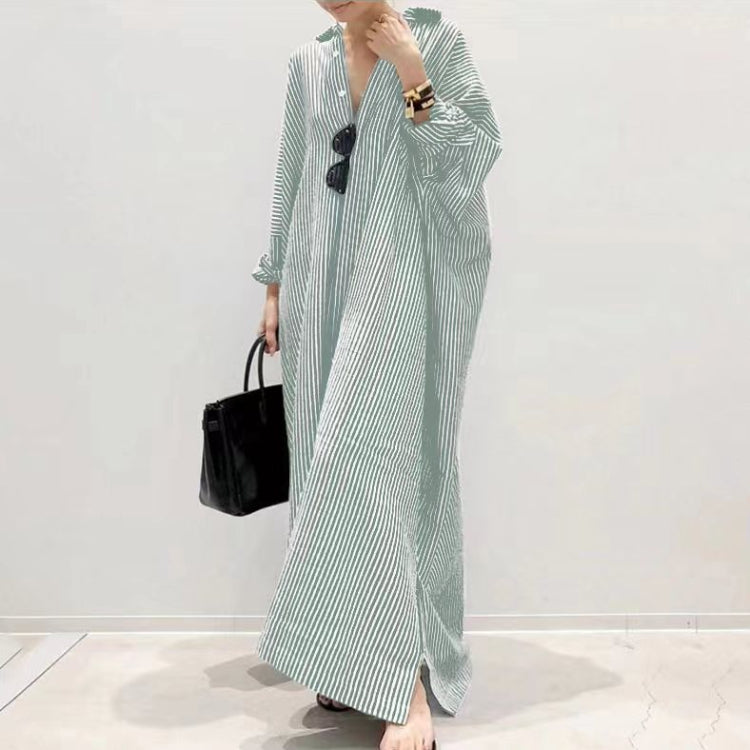 Women's Striped Button Print Shift Maxi Long Dress