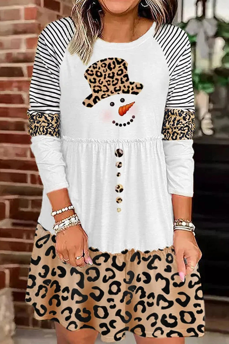 Christmas Snowman Print Long Sleeve Dress