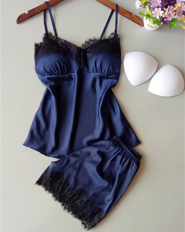 Satin Eyelash Lace Cami Set