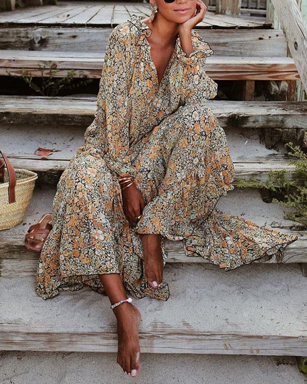 Spring Summer Casual Long Sleeve Printed Colour Elastic Maxi Dresses
