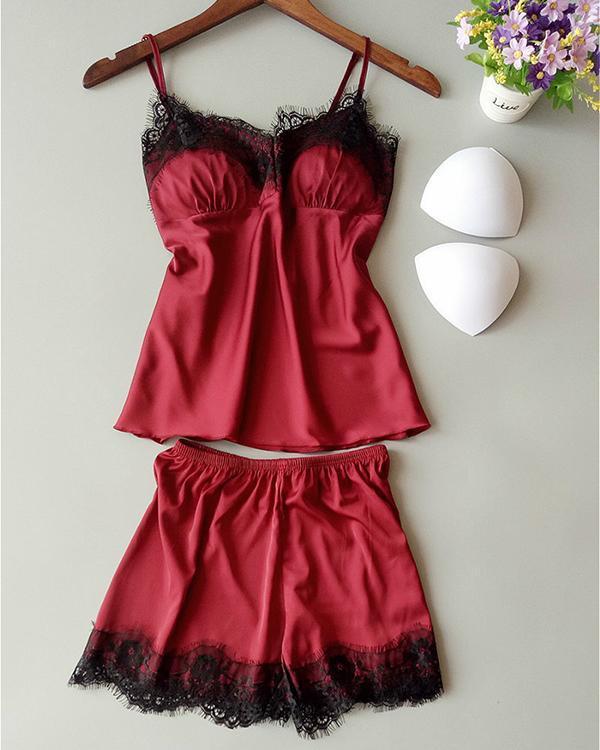 Satin Eyelash Lace Cami Set