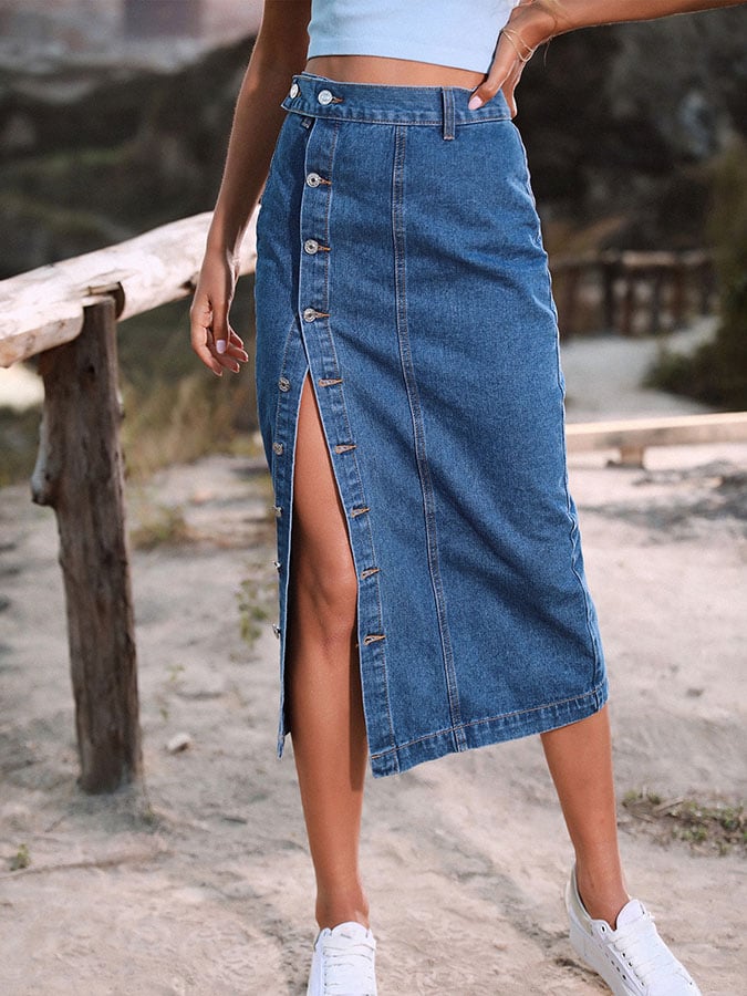 Stylish and versatile button irregular split denim skirt