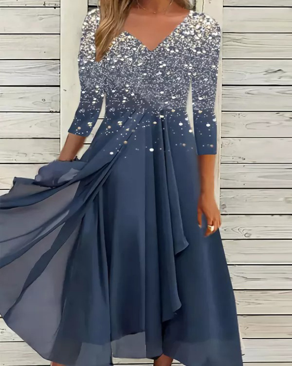 Elegant Print V-Neck Long Sleeve Dress