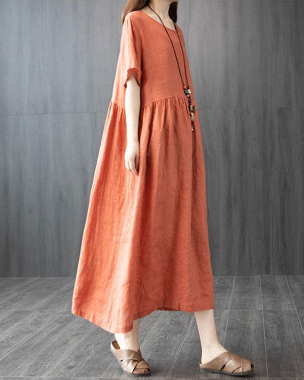 Cotton and Linen Dress Summer Loose Large Size Stitching Casual Maxi Dress