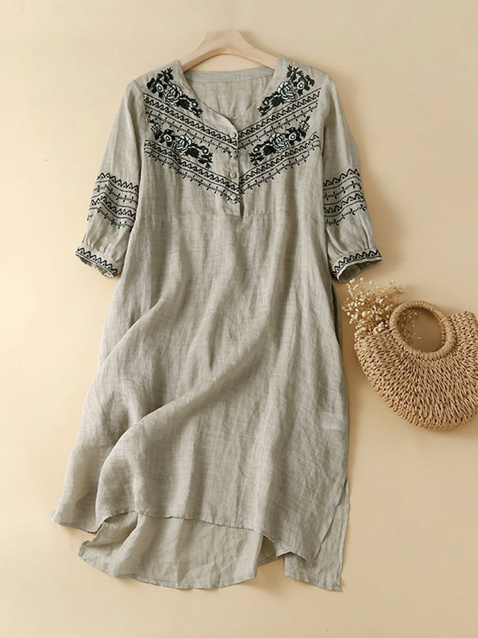 Cotton And Linen Ethnic Style Embroidery Loose Casual Slit V-neck Dress