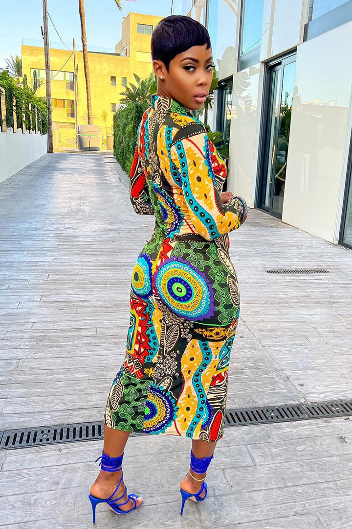 V Neck All Over Boho Print Long Sleeve Maxi Dress