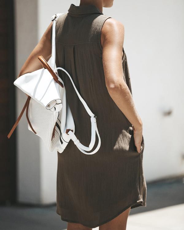 Women Casual Solid Button Shirt Collar Sleeveless Dress