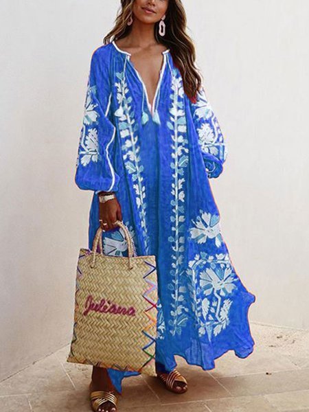 Women Printed Boho Casual Dress V Neck Holiday Maxi Dress